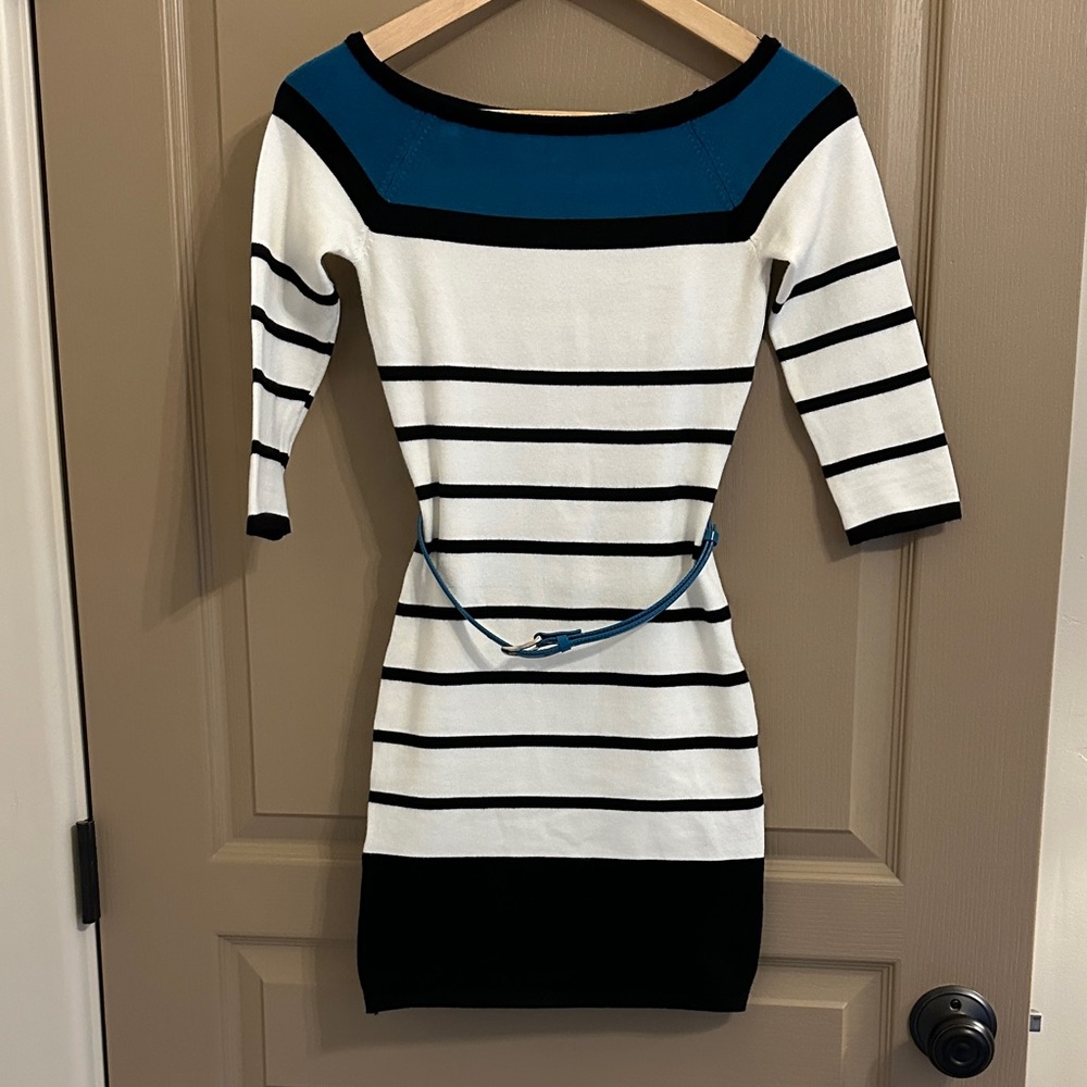 bebe Black and White Striped Mini Sweater Dress